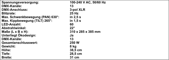 Spannungsversorgung:			100-240 V AC, 50/60 Hz DMX-Kanäle:					13 DMX-Anschluss:				3-pol XLR Blitzrate:					25 Hz Max. Schwenkbewegung (PAN) 630°:	in 2,5 s Max. Kippbewegung (TILT) 265°:		in 1,5 s LED-Anzahl:					60 Abstrahlwinkel:				22° Maße (L x B x H):				310 x 285 x 385 mm Unterliegt Ökodesign:			Ja DMX-Kanäle:					13 Gesamtanschlusswert:			250 W Gewicht:					8 kg Höhe:						38,5 cm Tiefe:						28,5 cm Breite:						31 cm